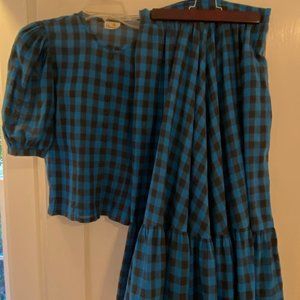 Liz Claiborne Blue and Black Check Peasant Blouse with Ruffled skirt size 12